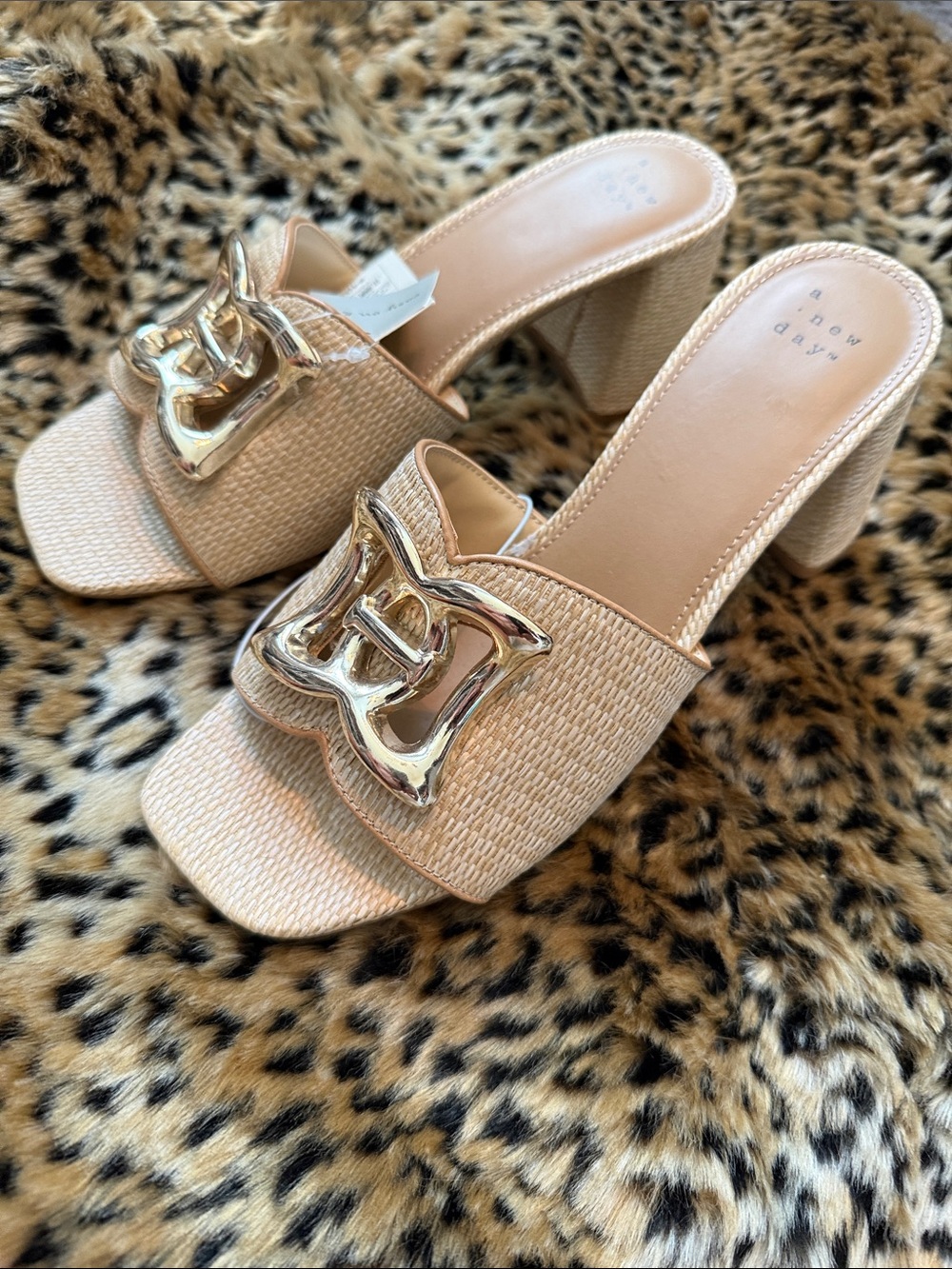 a new day Neutral Woven Block Heel Mules with Gold Hardware